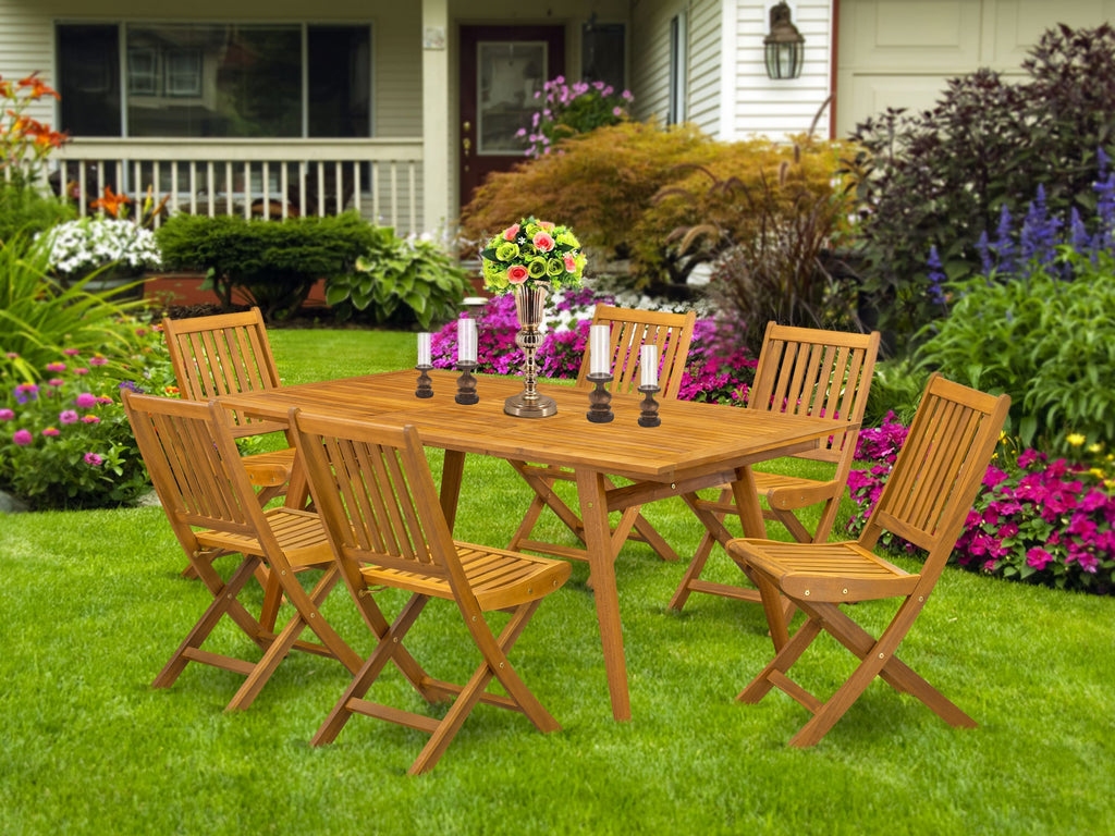 DEDK7H8DR Outdoor 7-Piece Dining Set with Rectangle Wooden Table & Six Foldable Chairs, 40x72 Inches, Natural Finish