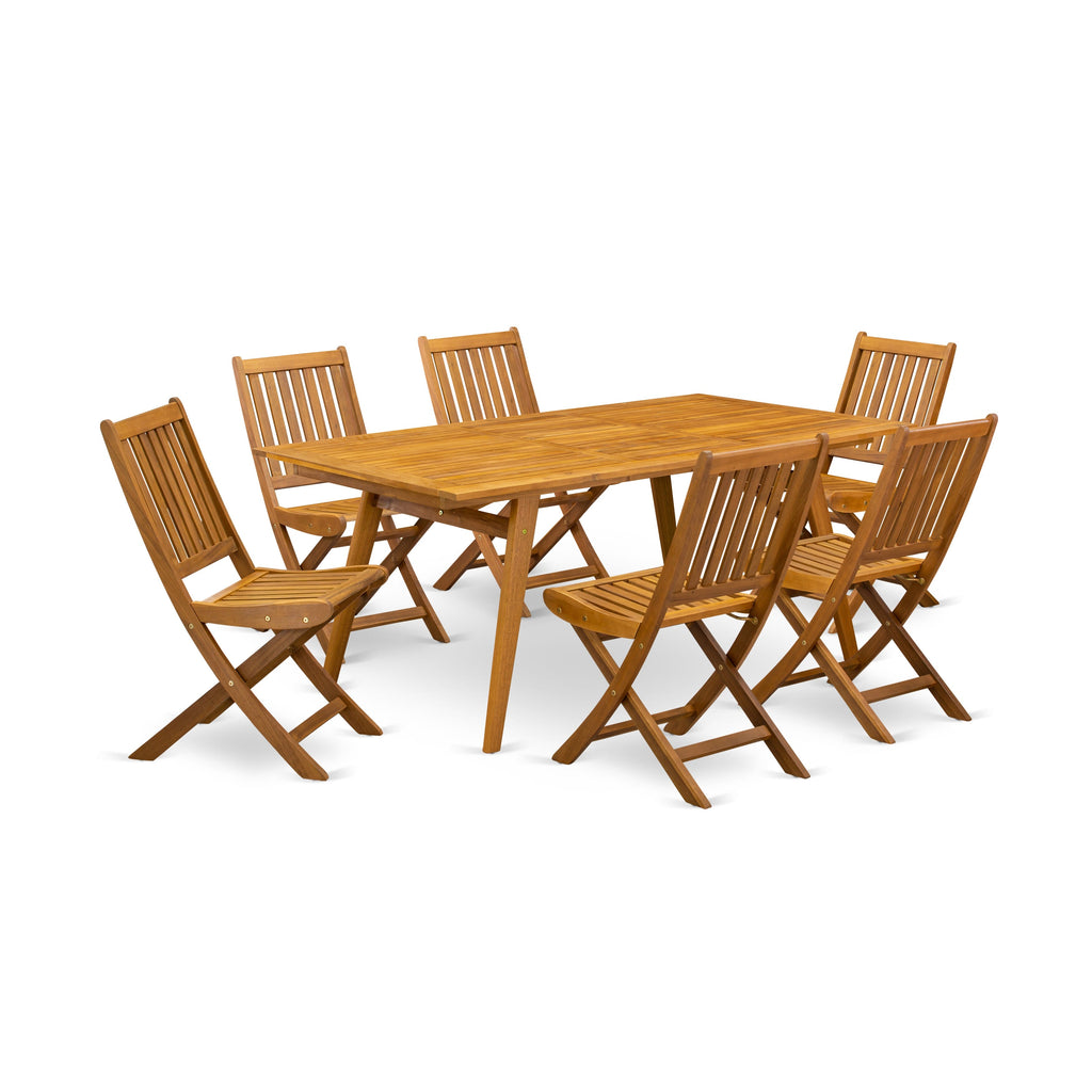 DEDK7H8DR Outdoor 7-Piece Dining Set with Rectangle Wooden Table & Six Foldable Chairs, 40x72 Inches, Natural Finish
