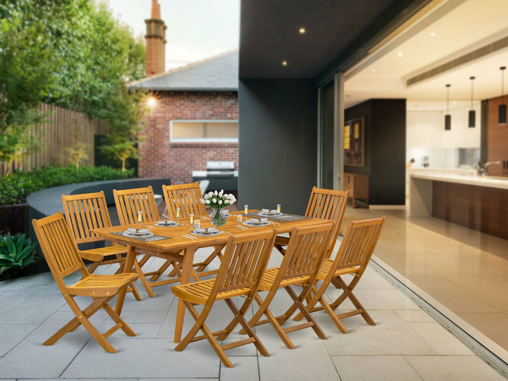 DEDK9009D Natural Wood 9-Piece Patio Dining Set with Rectangle Table and 8 Folding Chairs