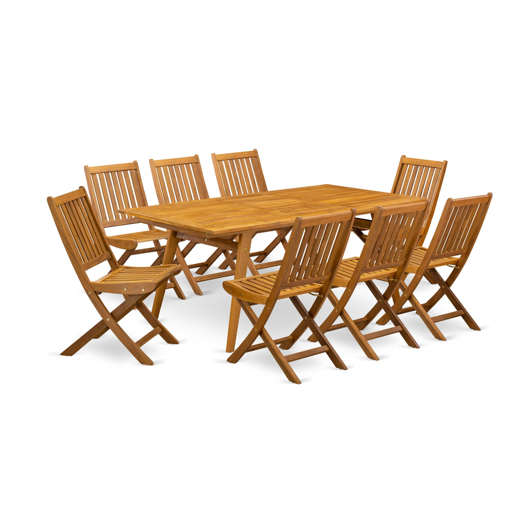 DEDK9009D Natural Wood 9-Piece Patio Dining Set with Rectangle Table and 8 Folding Chairs