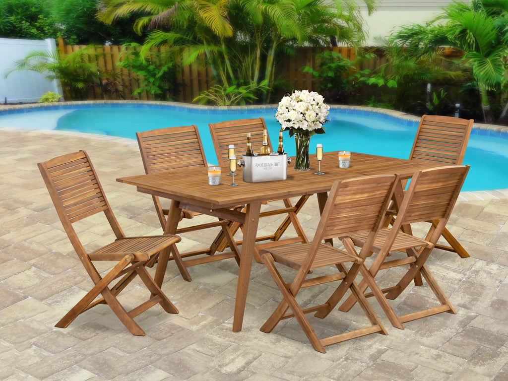 DEFM7W28B - Patio Dining Ensemble with Folding Wood Chairs and Table, Rectangular Design, 7-Piece Natural Set