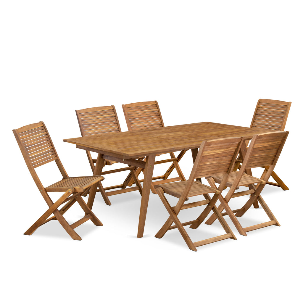 DEFM7W28B - Patio Dining Ensemble with Folding Wood Chairs and Table, Rectangular Design, 7-Piece Natural Set