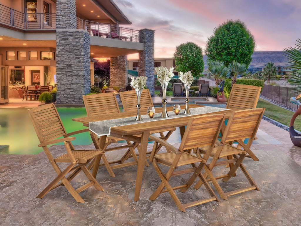 DEHD78C5I Complete Outdoor Dining Set Rectangle Wood Table with 6 Foldable Chairs, Natural Finish 7-Piece 40x72 Style