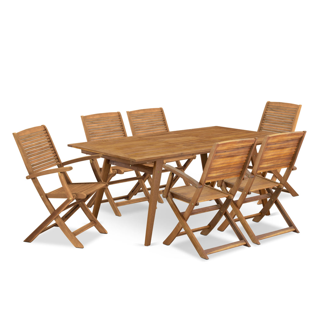 DEHD78C5I Complete Outdoor Dining Set Rectangle Wood Table with 6 Foldable Chairs, Natural Finish 7-Piece 40x72 Style