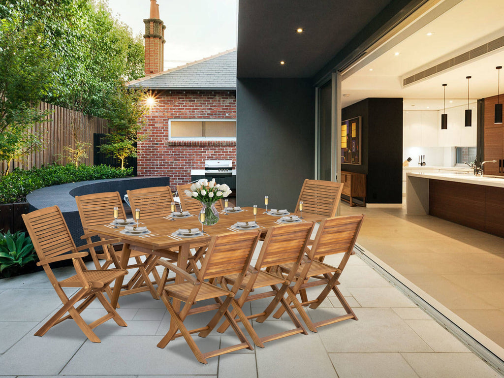 DEHD9197K Deluxe 9 Piece Patio Dining Ensemble with Acacia Wood Table & 8 Arm Chairs, Natural Oil Finish