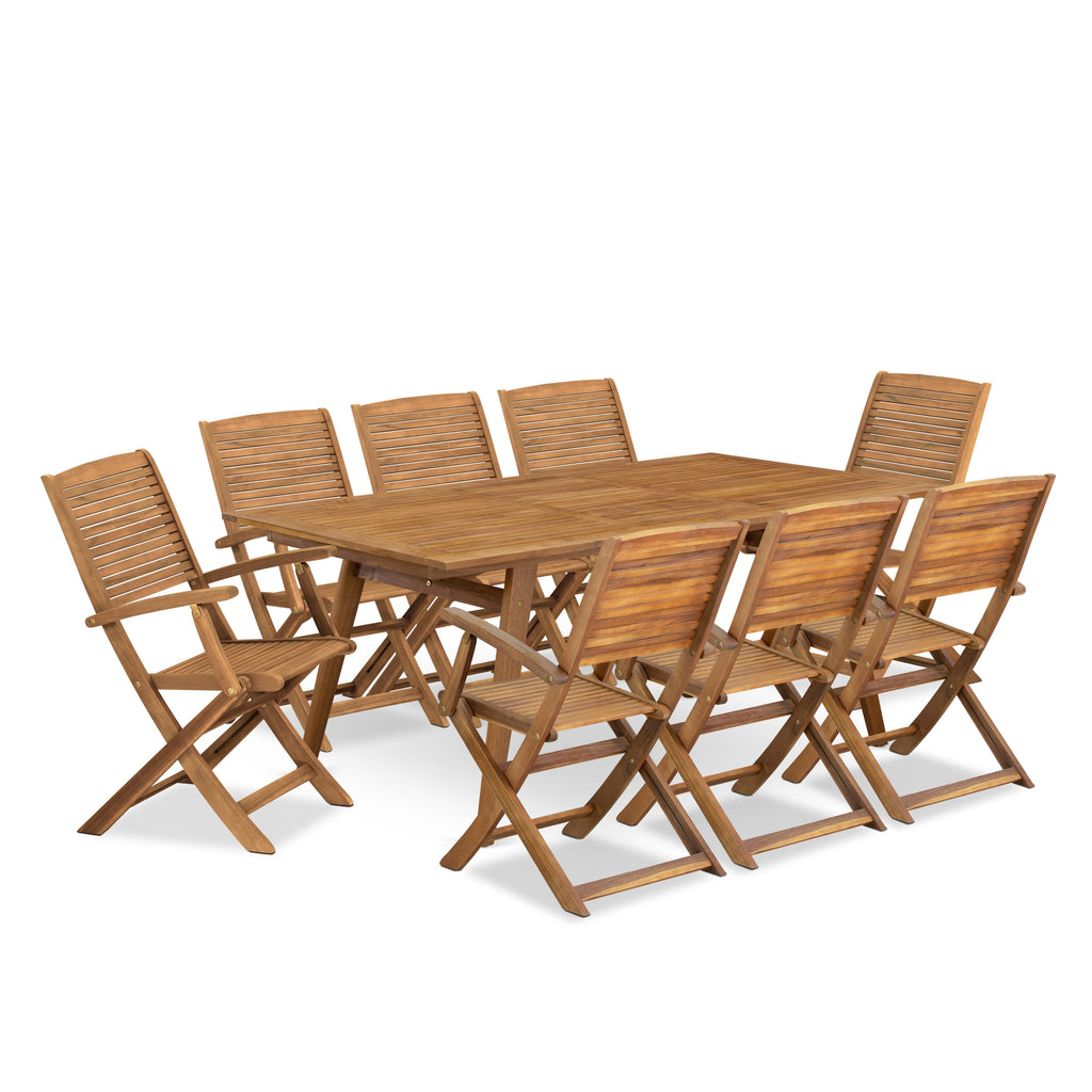 DEHD9197K Deluxe 9 Piece Patio Dining Ensemble with Acacia Wood Table & 8 Arm Chairs, Natural Oil Finish