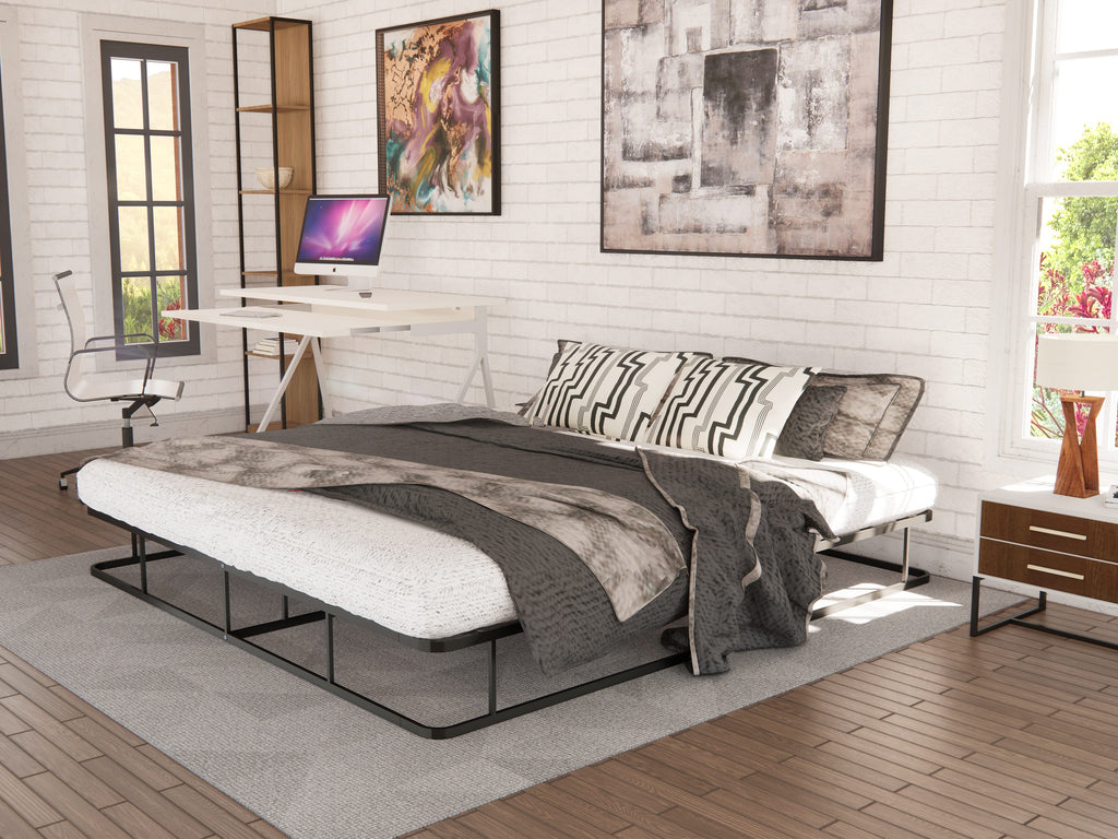 Elegant DHKBBUS Metal King Bed Frame with Distinctive Headboard and Powder-Coated Black Finish Footboard