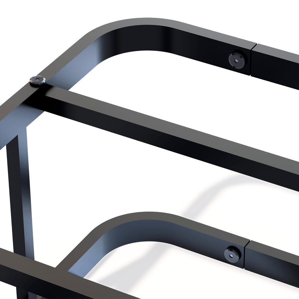 Elegant DHKBBUS Metal King Bed Frame with Distinctive Headboard and Powder-Coated Black Finish Footboard