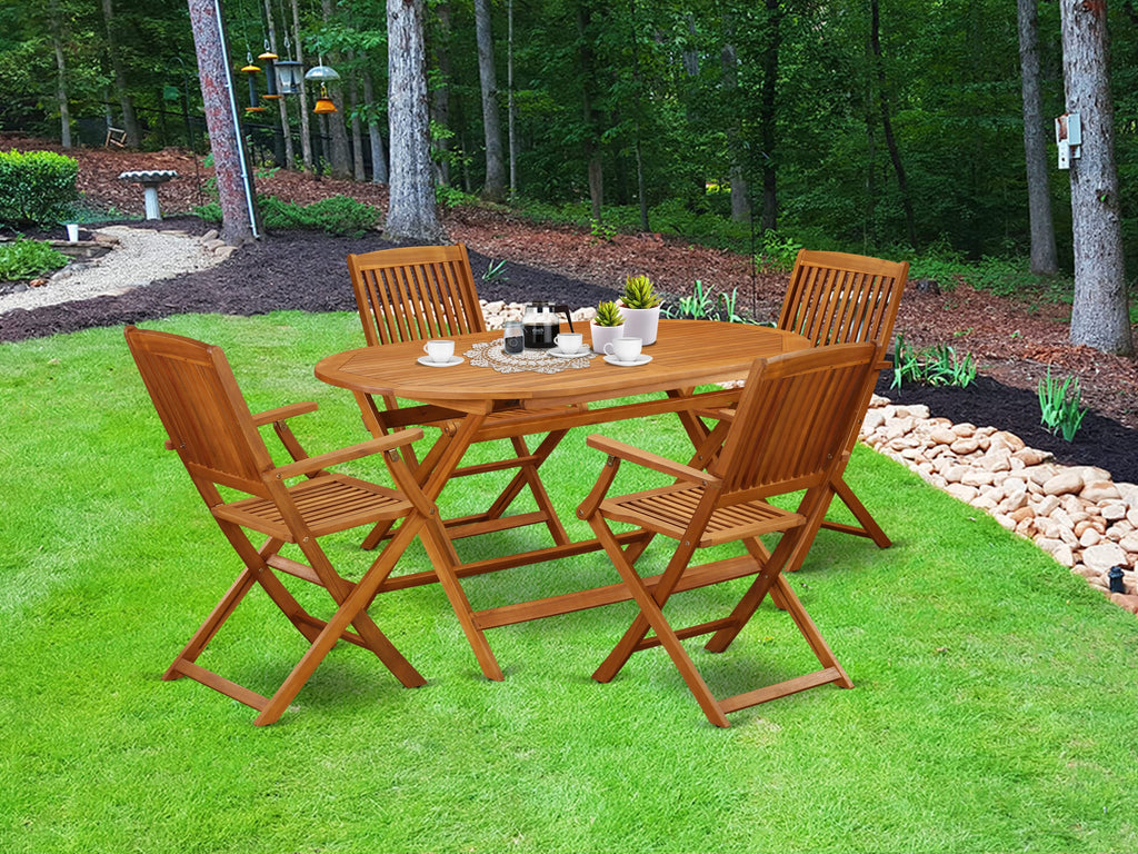 DICM5I7KX 5 Piece Outdoor Dining Set with Oval Acacia Table & Folding Chairs - Natural Finish