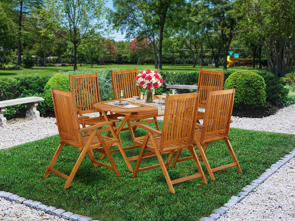 DICN7L6IY 7-Piece Indoor-Outdoor Rustic Bistro Set with Expandable Acacia Wood Table & 6 Foldable Chair Set