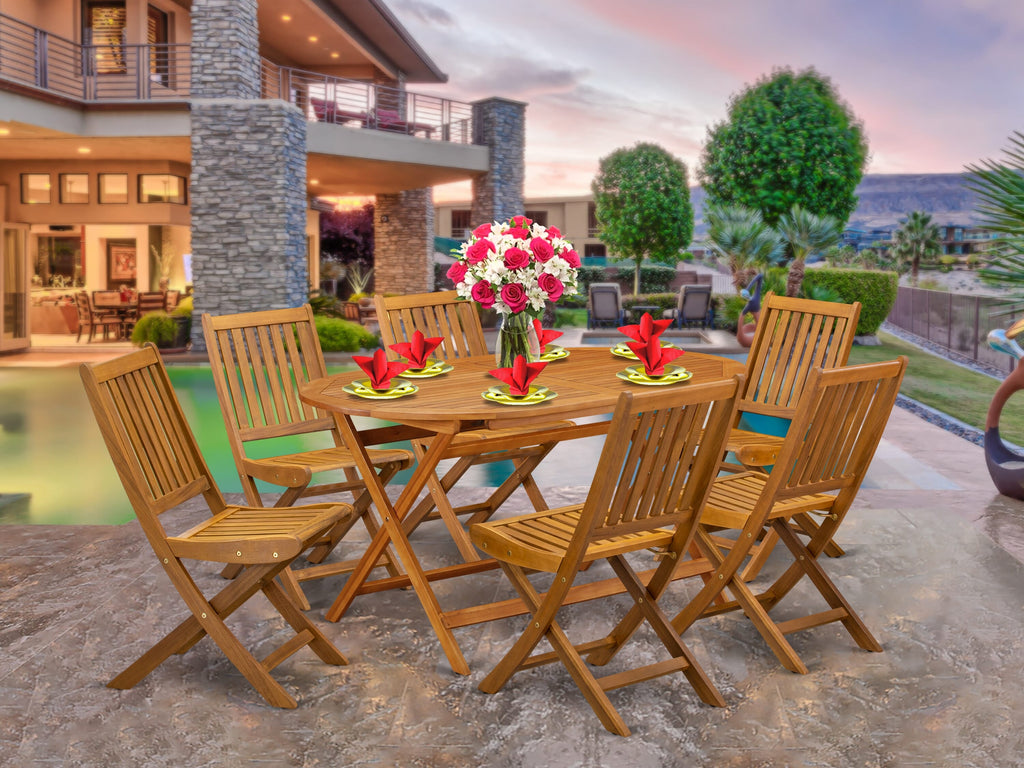 DIDK769S1 7 Piece Patio Set with Oval Acacia Table and Six Foldable Chairs in Natural Finish
