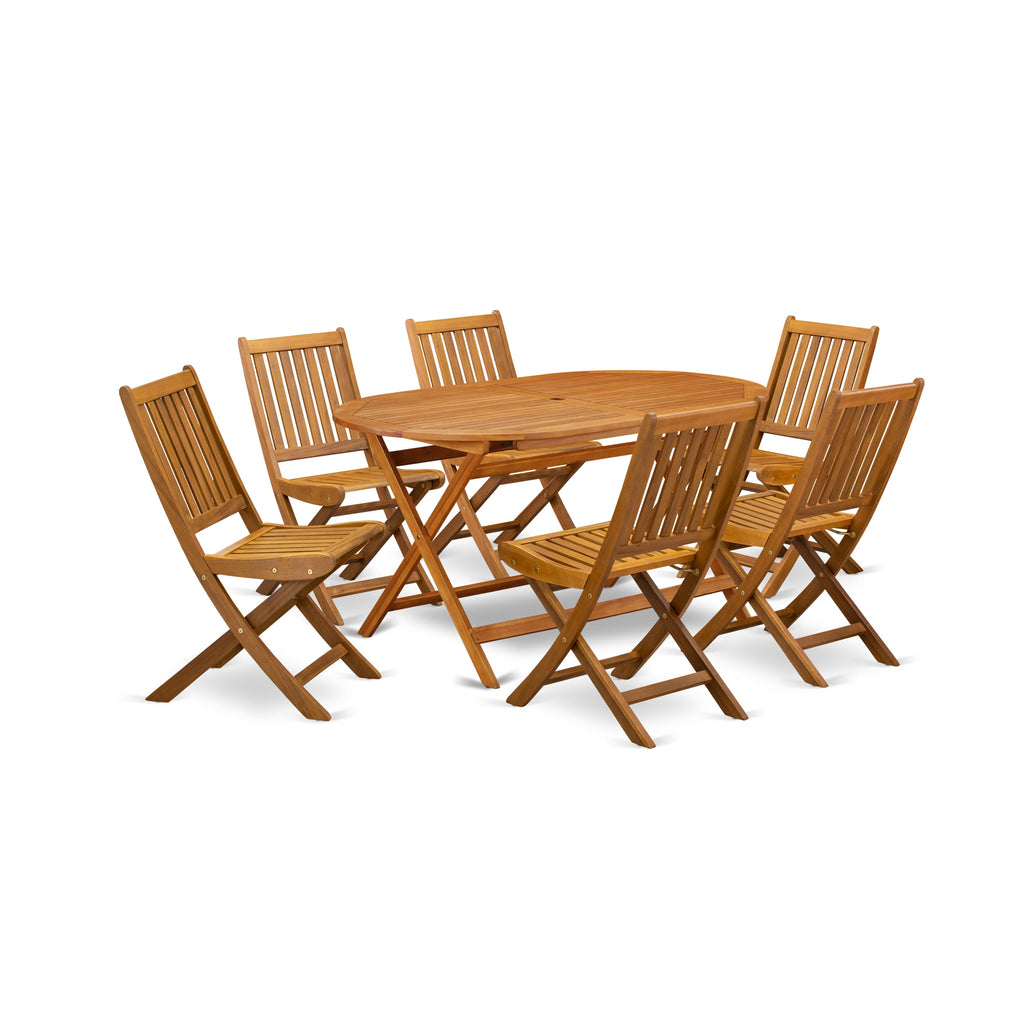 DIDK769S1 7 Piece Patio Set with Oval Acacia Table and Six Foldable Chairs in Natural Finish