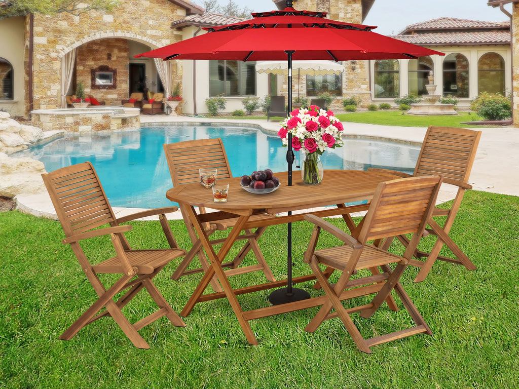 DIHD5Y8WW 5 Seat Outdoor Oasis Set with Oval Acacia Table and 4 Folding Chairs, Natural Finish