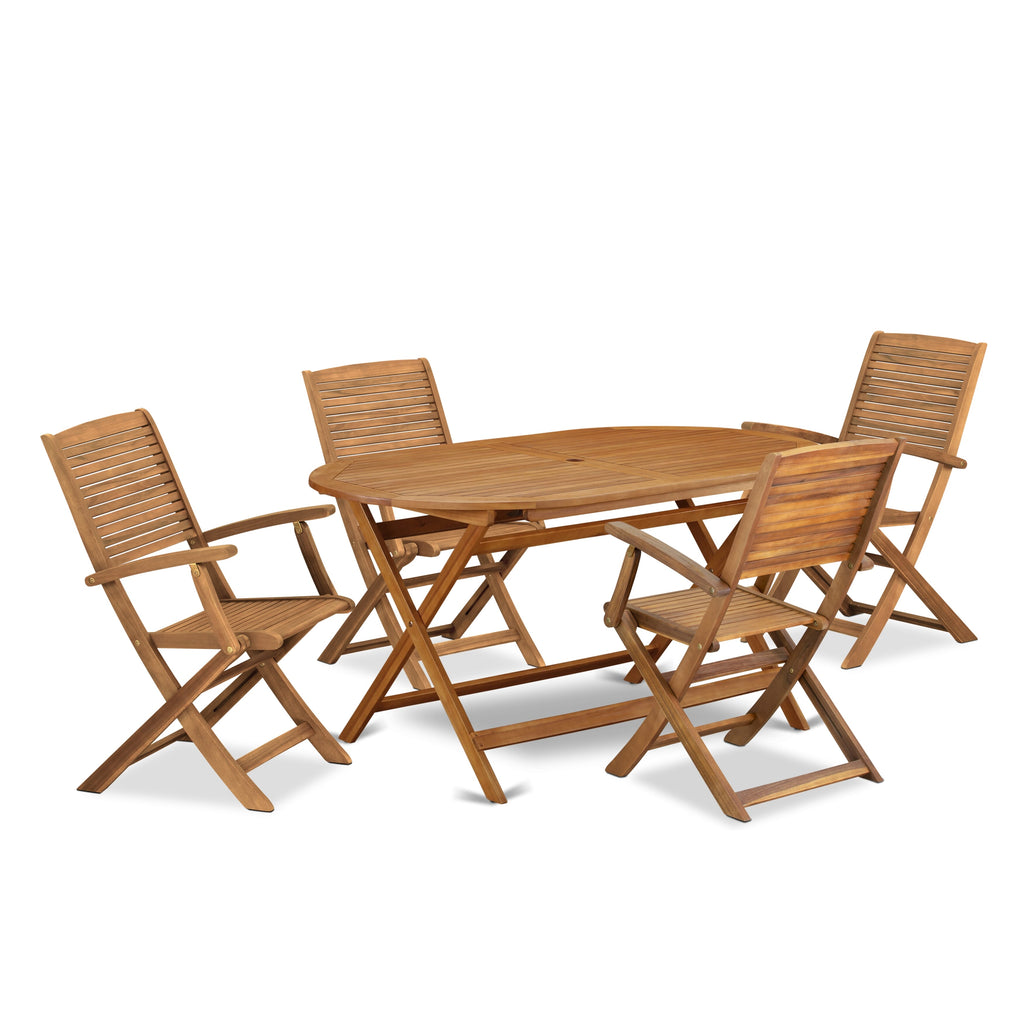 DIHD5Y8WW 5 Seat Outdoor Oasis Set with Oval Acacia Table and 4 Folding Chairs, Natural Finish