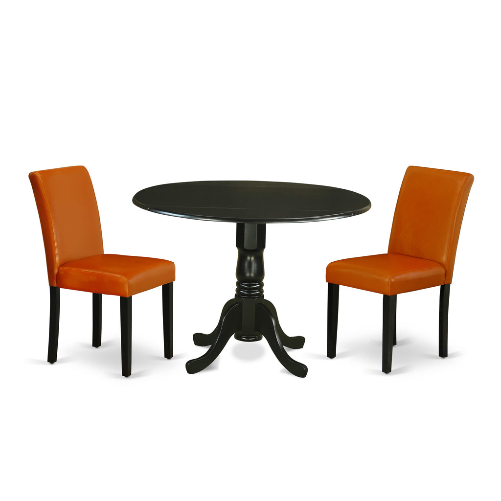 DLAB3-M67-C4 3-Piece Dining Set with Round Drop Leaf Table and Two Faux Leather Chairs, 42 Black