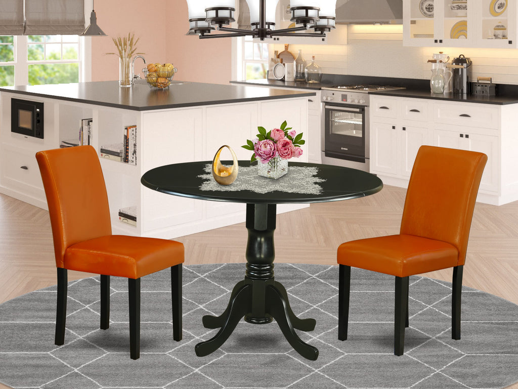 DLAB3-M67-C4 3-Piece Dining Set with Round Drop Leaf Table and Two Faux Leather Chairs, 42 Black