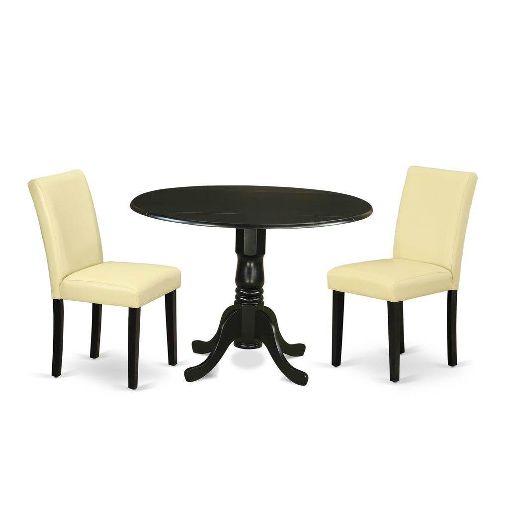 DLAB3-OFQ-WS Three-Piece Dining Ensemble with Dropleaf Round Table and Chairs in Ivory Faux Leather