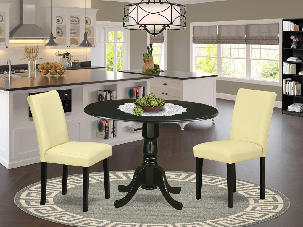 DLAB3-OFQ-WS Three-Piece Dining Ensemble with Dropleaf Round Table and Chairs in Ivory Faux Leather