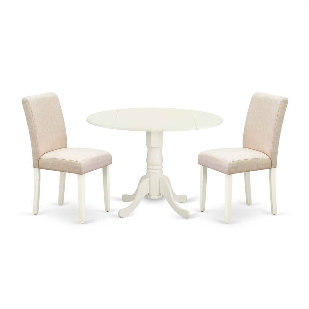 DLAB3-5FW-K6 3 Piece Dining Set with Round Drop Leaf Table Plus Two Chairs, Beige Linen Upholstery 42-Inch, Linen White Finish