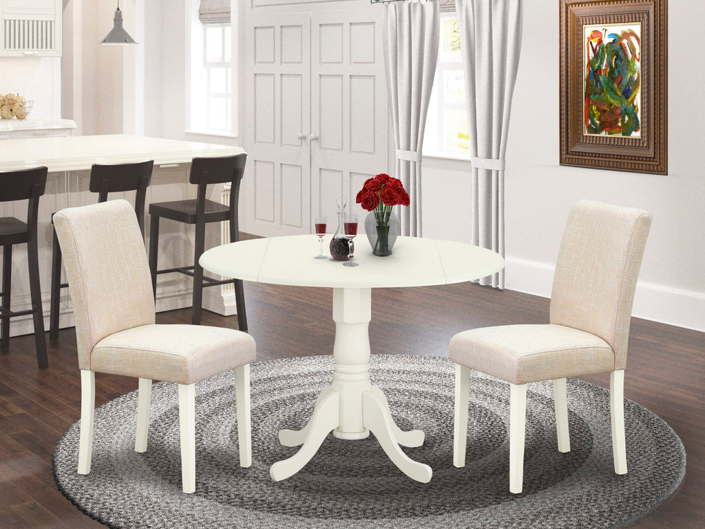 DLAB3-5FW-K6 3 Piece Dining Set with Round Drop Leaf Table Plus Two Chairs, Beige Linen Upholstery 42-Inch, Linen White Finish