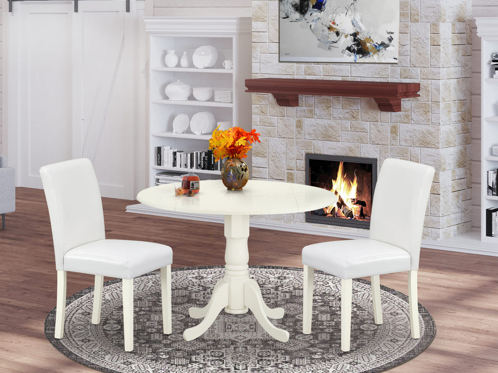 DLAB3-5NJ-HM 3-Piece Compact Dining Ensemble with Round Dropleaf Table & Duo of White Leather Parsons Chairs, 42x42 Inch, Linen White Finish