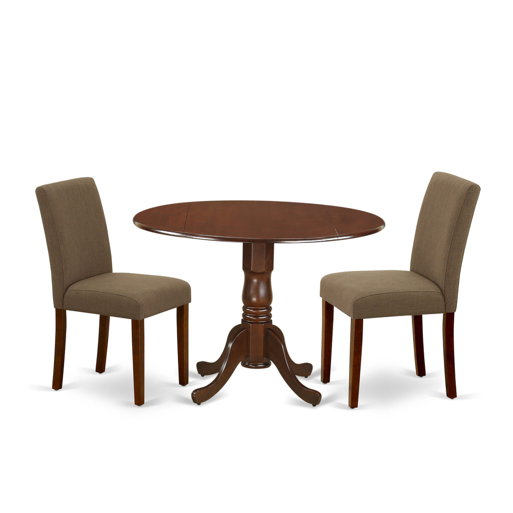 Item Code DLAB3-NE8-5D Round Table Dining Set with Dropleaf & Two Linen Parson Chairs, Mahogany