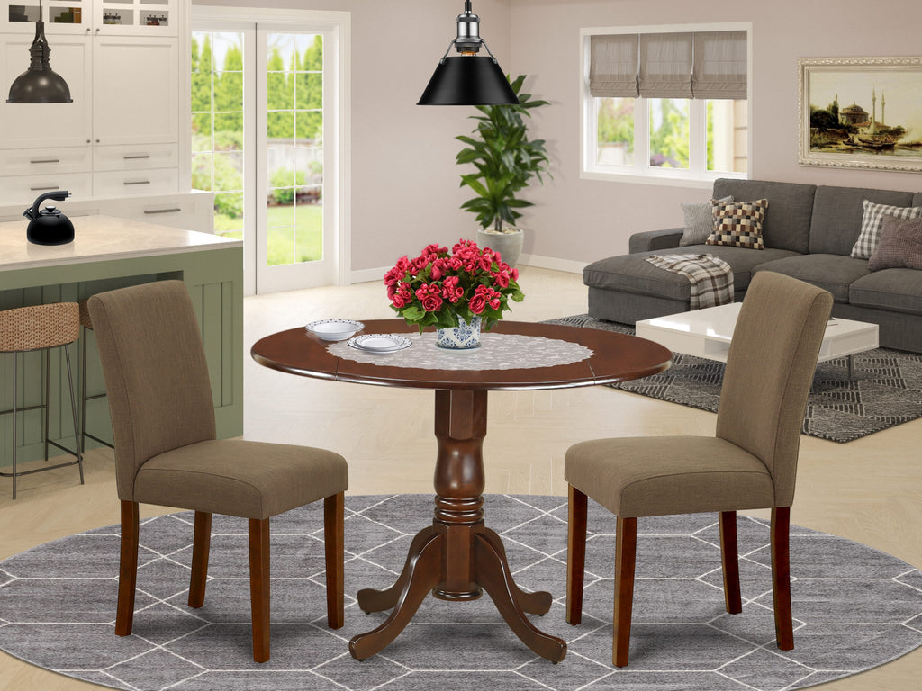 Item Code DLAB3-NE8-5D Round Table Dining Set with Dropleaf & Two Linen Parson Chairs, Mahogany