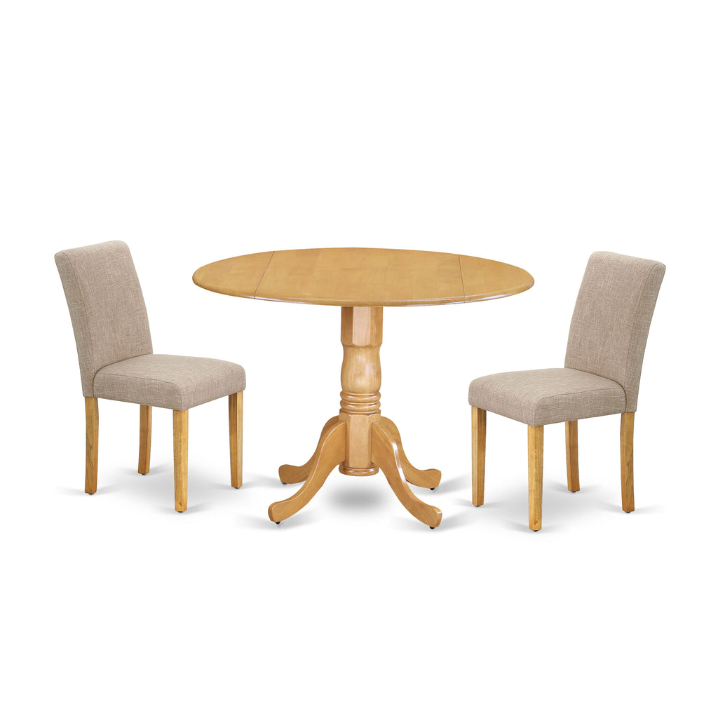 DLAB3-BGM-RI Cozy 3-Piece Round Table Dropleaf Set with Light-Toned Parsons Chairs for a Chic Dining Experience