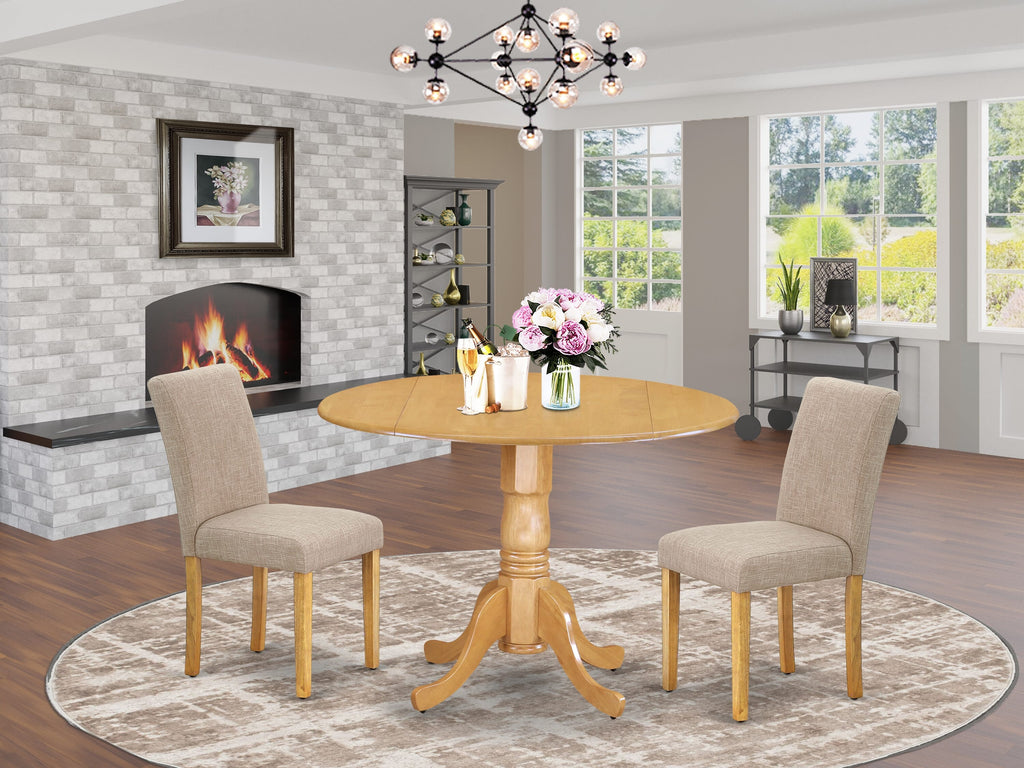 DLAB3-BGM-RI Cozy 3-Piece Round Table Dropleaf Set with Light-Toned Parsons Chairs for a Chic Dining Experience