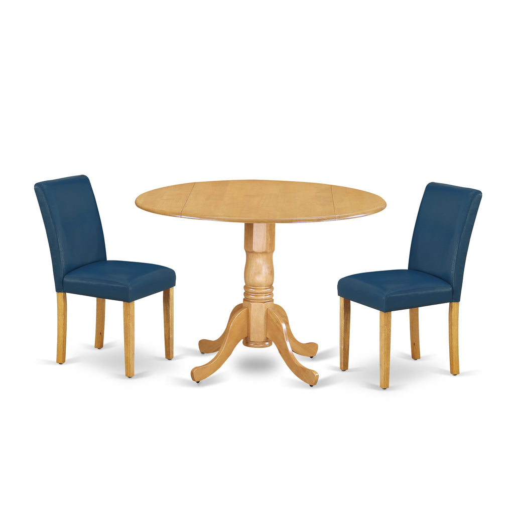 DLAB3-7ZH-ZL 42-Inch Oak Round Table Set with Leaf & 2 Blue Faux Leather Chairs, 3 Piece