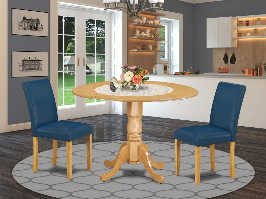 DLAB3-7ZH-ZL 42-Inch Oak Round Table Set with Leaf & 2 Blue Faux Leather Chairs, 3 Piece