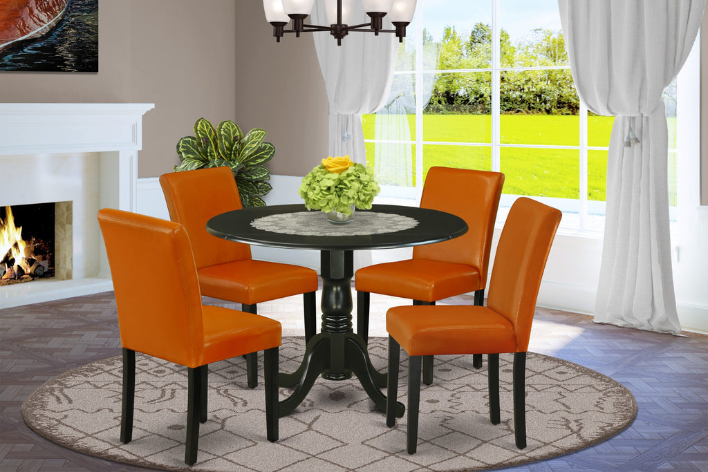 Dining Ensemble DLAB5-IXF-5D Round Dropleaf Table with 4 Beige Faux Leather Parson Chairs for Cozy Gatherings!