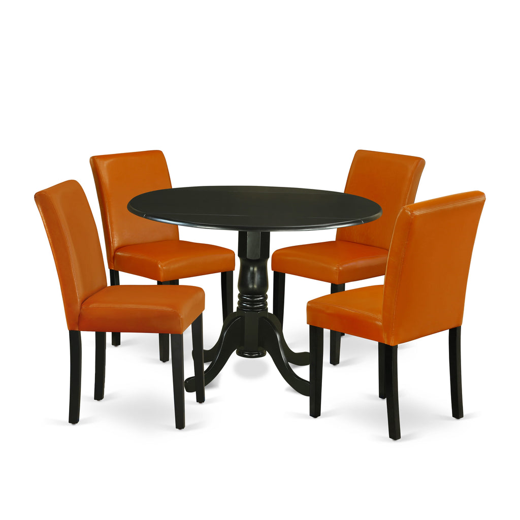 Dining Ensemble DLAB5-IXF-5D Round Dropleaf Table with 4 Beige Faux Leather Parson Chairs for Cozy Gatherings!