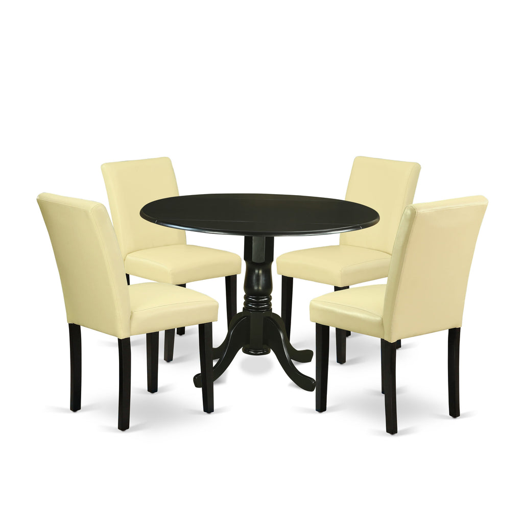 DLAB5-FMF-3W Set 5-Piece Round Dropleaf Table and Eggnog Faux Leather Chairs, 42x42 Inches