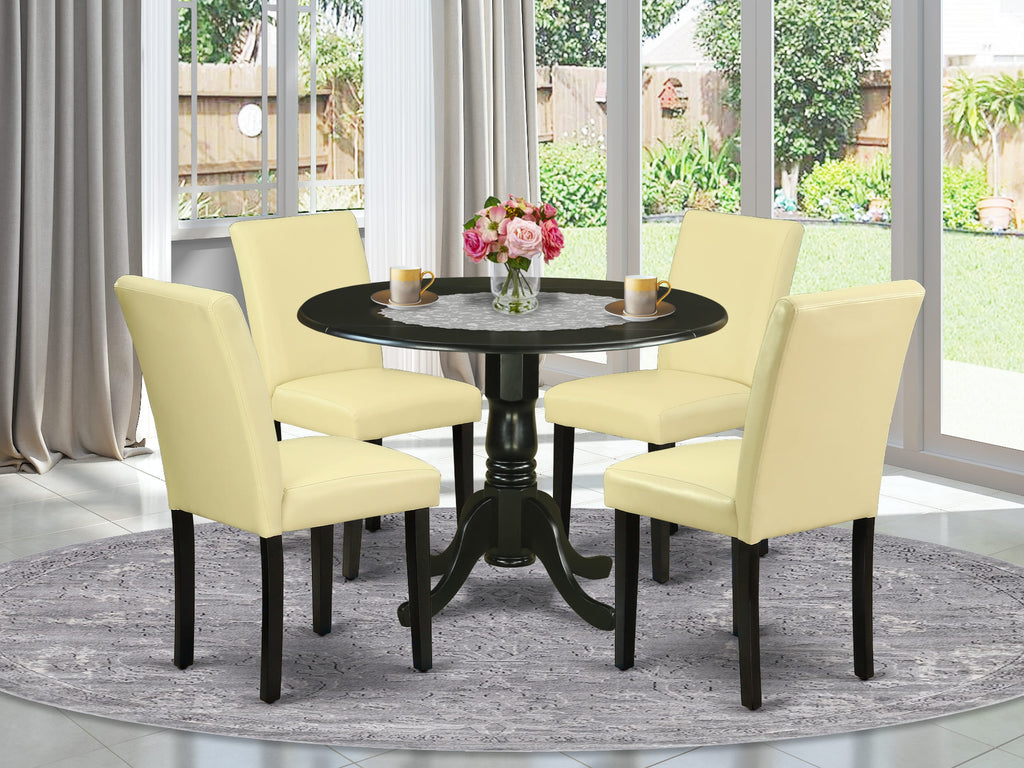 DLAB5-FMF-3W Set 5-Piece Round Dropleaf Table and Eggnog Faux Leather Chairs, 42x42 Inches