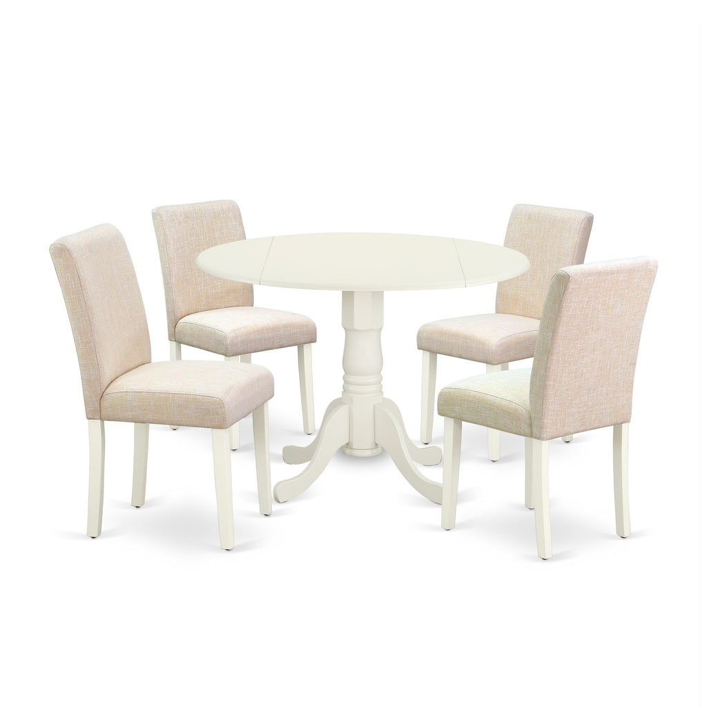 DLAB5-WE2-V7 5 Piece Dining Set with Circular Table, Dropleaf Feature & Light Beige Seats, 42 Linen White