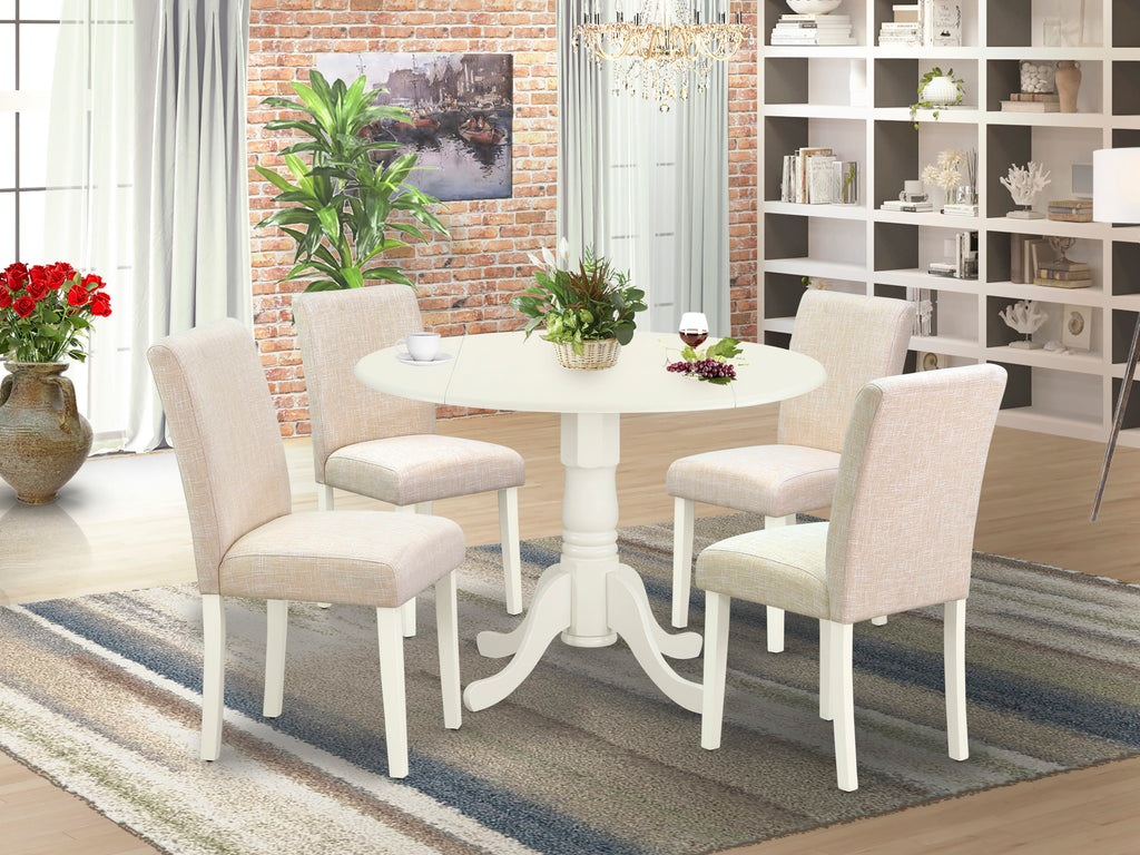 DLAB5-WE2-V7 5 Piece Dining Set with Circular Table, Dropleaf Feature & Light Beige Seats, 42 Linen White