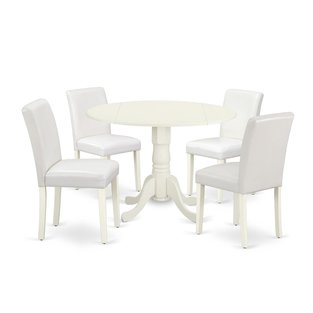 DLAB5-I54-76 5-Piece Dropleaf Table Set with Four Faux Leather White Dining Chairs, 42 Inch Linen Finish