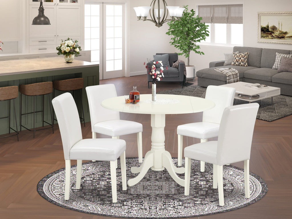 DLAB5-I54-76 5-Piece Dropleaf Table Set with Four Faux Leather White Dining Chairs, 42 Inch Linen Finish