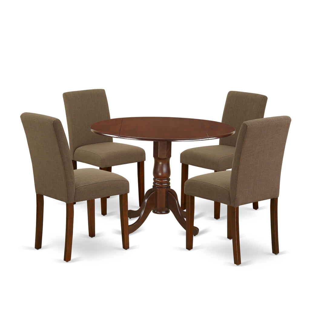 DLAB5-JGO-5B Round Drop Leaf Kitchen Table Set with 4 Coffee Fabric Chairs, Mahogany Finish, 42