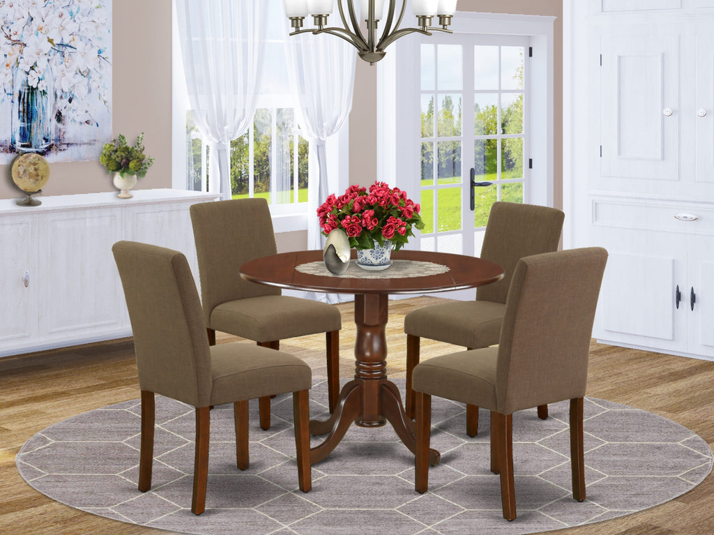 DLAB5-JGO-5B Round Drop Leaf Kitchen Table Set with 4 Coffee Fabric Chairs, Mahogany Finish, 42