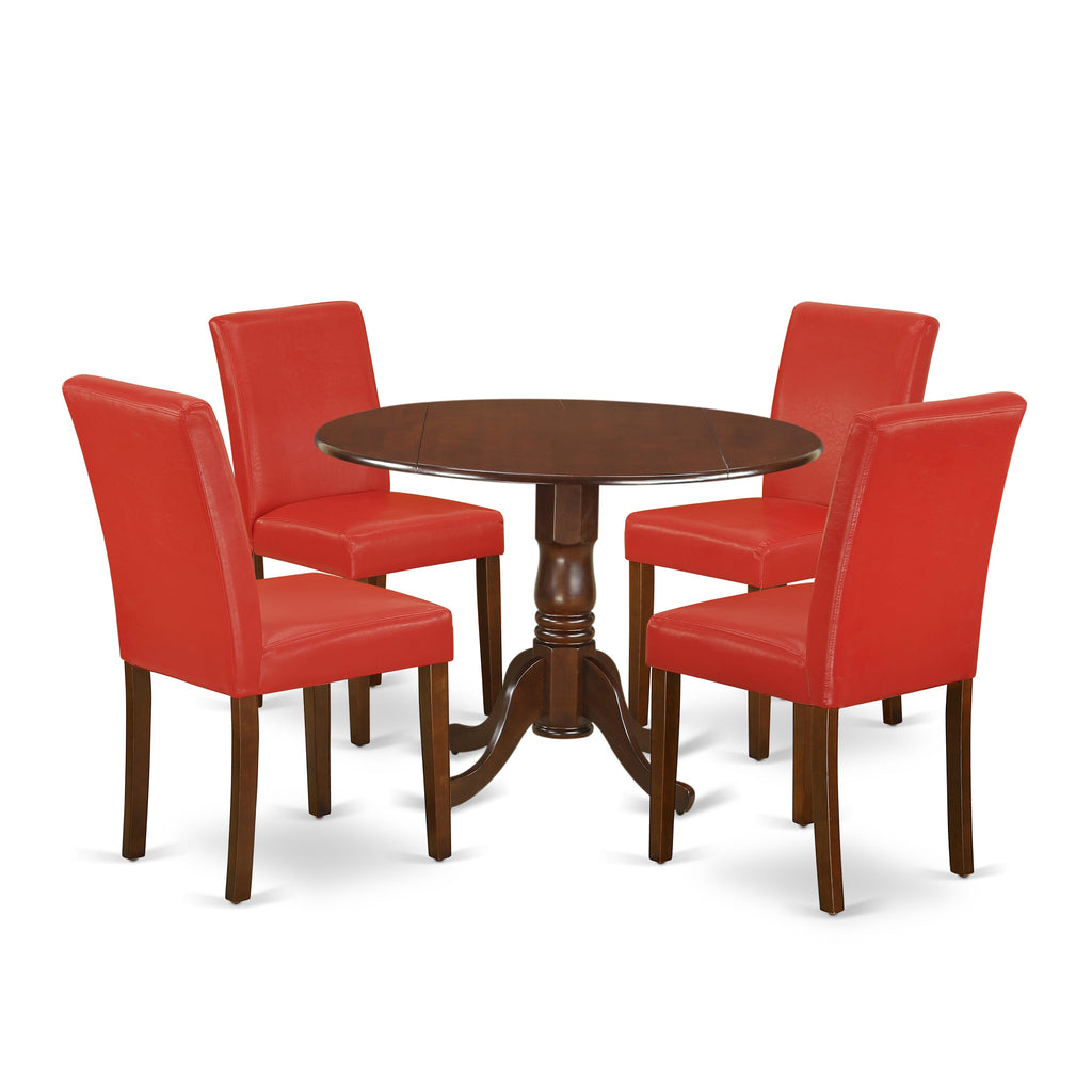 DLAB5-SY2-VZ 5-Piece Dining Set for Four with Round Drop-leaf Table & Four Red Parson Chairs, Mahogany 42