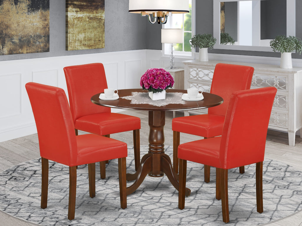 DLAB5-SY2-VZ 5-Piece Dining Set for Four with Round Drop-leaf Table & Four Red Parson Chairs, Mahogany 42