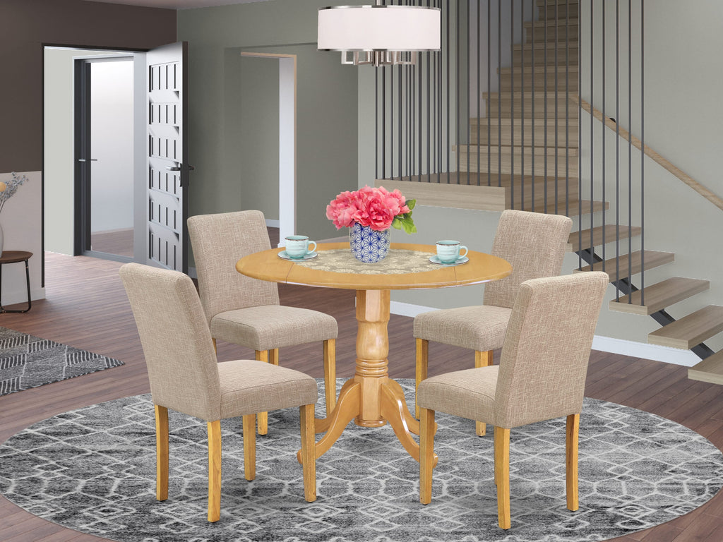 DLAB5-BMV-LS 5-Piece Dining Set with Round Dropleaf Table & Parsons Chairs for 4, 42 Oak Top