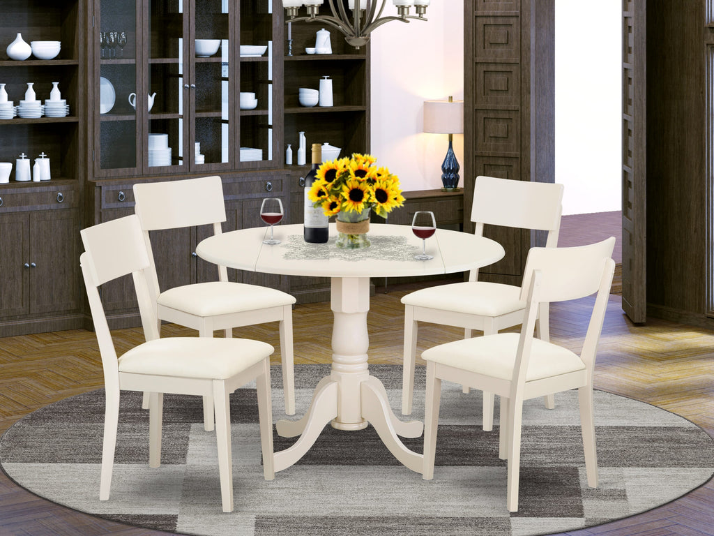 DLAD5-618-8X 5-Piece Dining Set Round Drop-leaf Table & 4 Faux Leather Chairs in Fresh Linen Tone