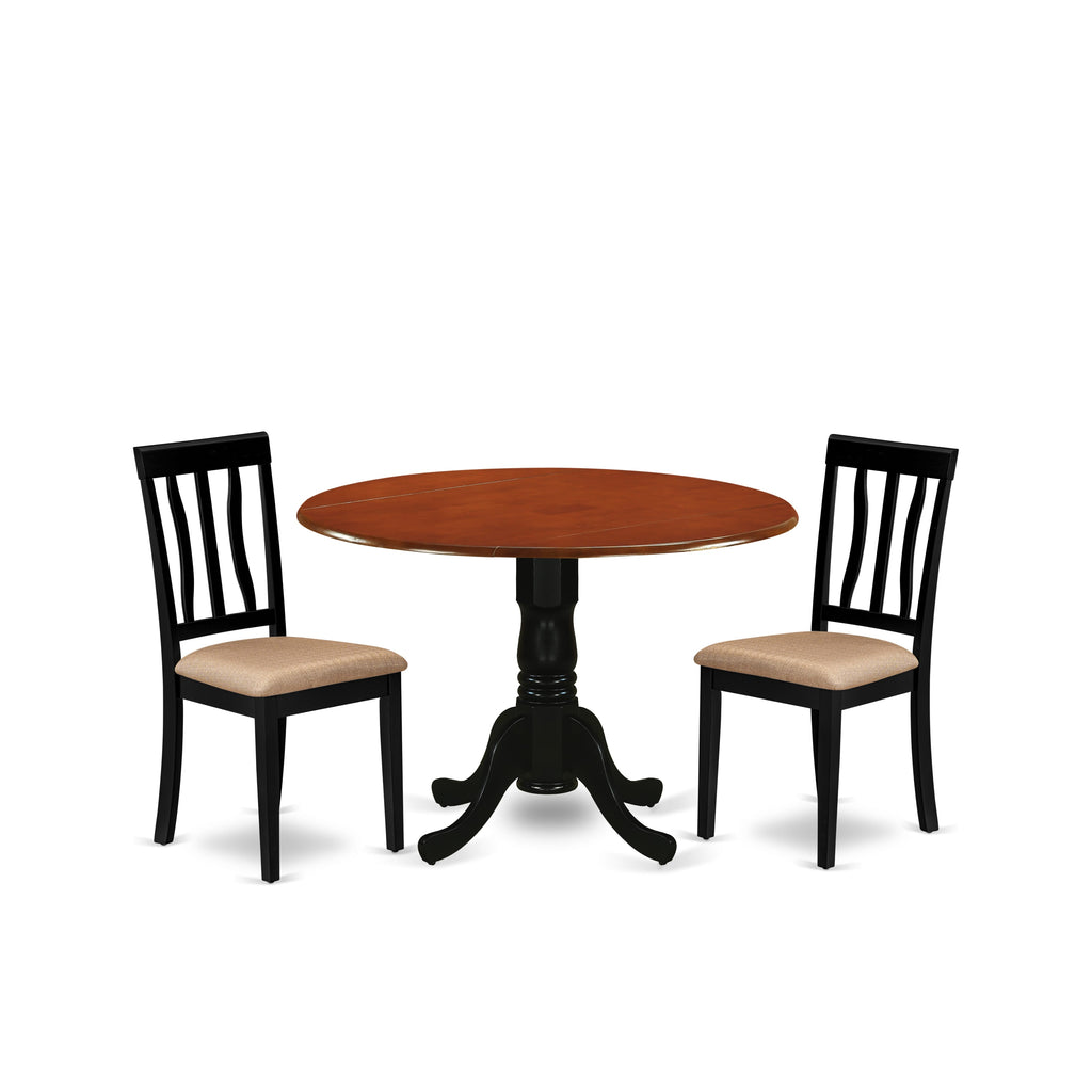 DLAN3-RJ5-1 3 Piece Dining Room Set with Round Dropleaf Table & Upholstered Chairs in Black & Cherry