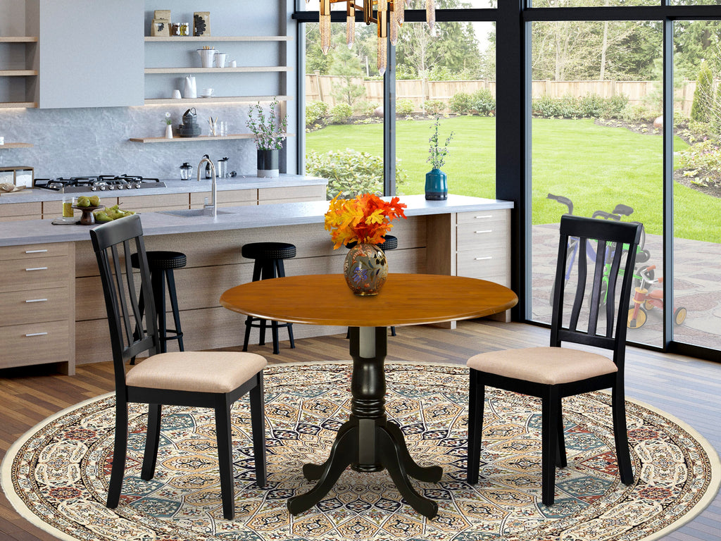 DLAN3-RJ5-1 3 Piece Dining Room Set with Round Dropleaf Table & Upholstered Chairs in Black & Cherry