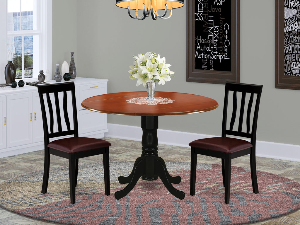 3 Pc Dining Set DLAN3-NQ9-IX Round Table with Leaf & Faux Leather Chairs, 42 Blend, Black & Cherry