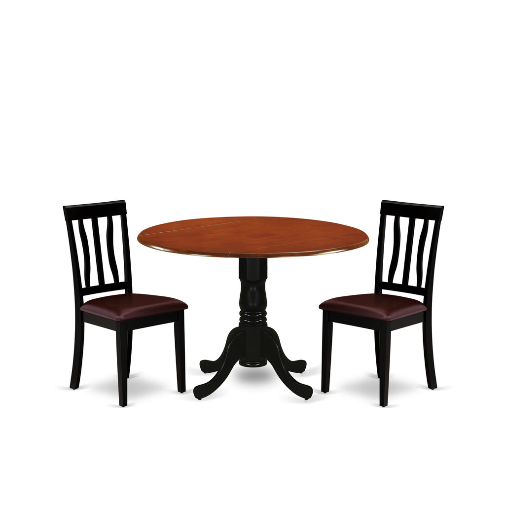 3 Pc Dining Set DLAN3-NQ9-IX Round Table with Leaf & Faux Leather Chairs, 42 Blend, Black & Cherry