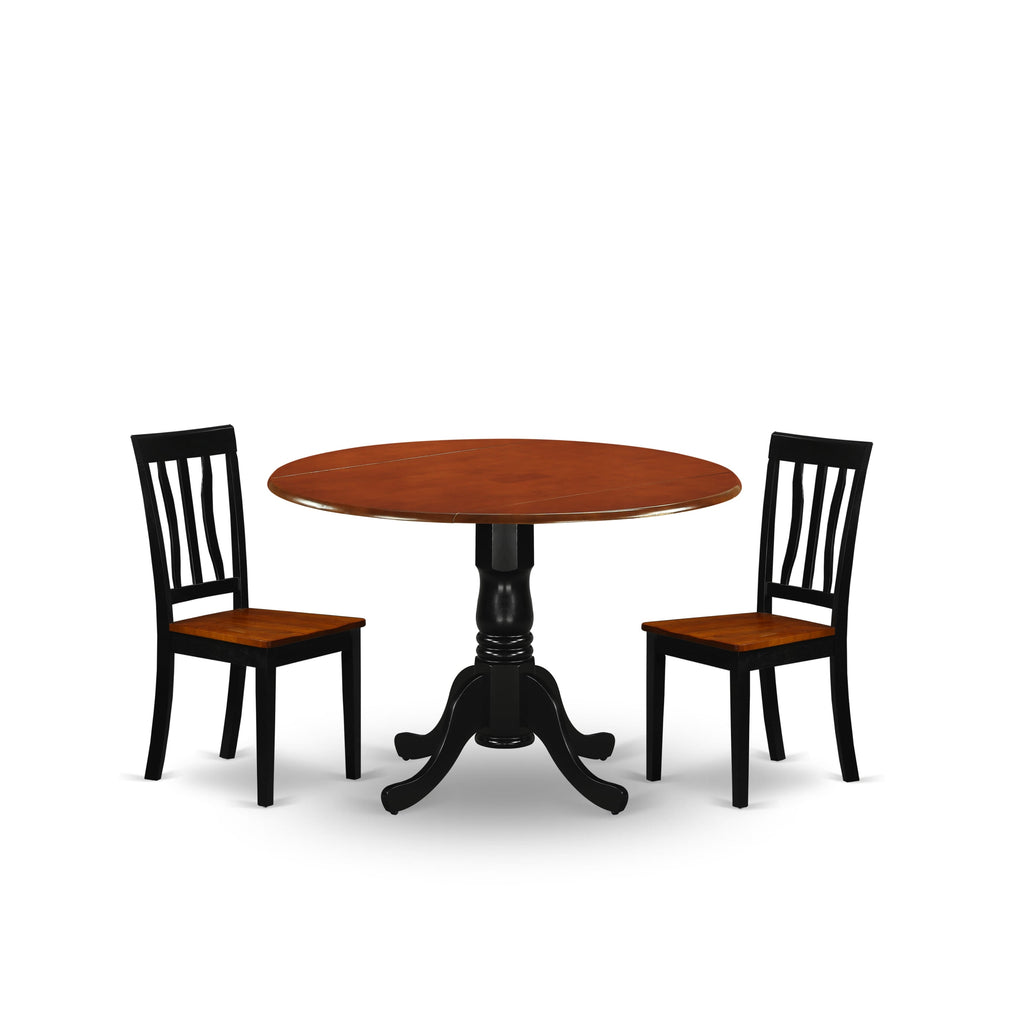 DLAN3-P7Q-9 Small Space 3-Piece Dining Group with Round Drop Leaf Table and Two Chairs, Black & Cherry Finish, 42-Inch